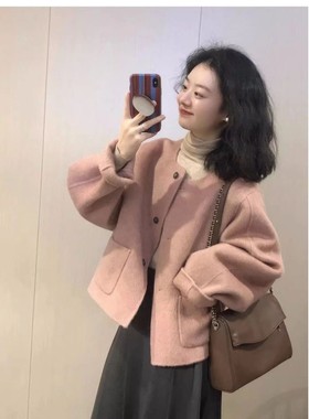 粉色短款呢子大衣女2025秋冬新款韩系小个子气质小香风毛呢外套潮