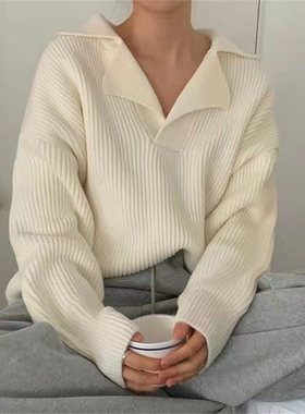 毛衣女秋半开V字翻领套头韩版长袖外穿宽松针织衫外套