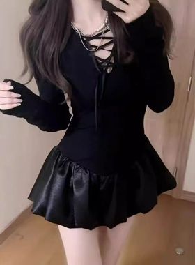 辣妹风镂空系带设计感内搭连衣裙女早春收腰显瘦蓬蓬花苞裙小黑裙