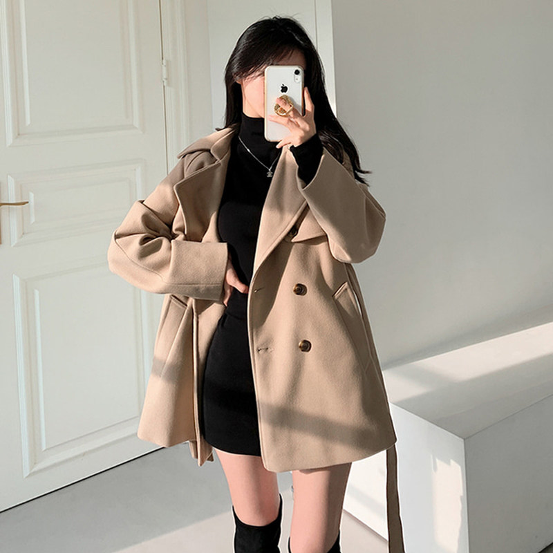 尺寸已更新 韩国chic 复古经典风衣款式系带呢子大衣外套