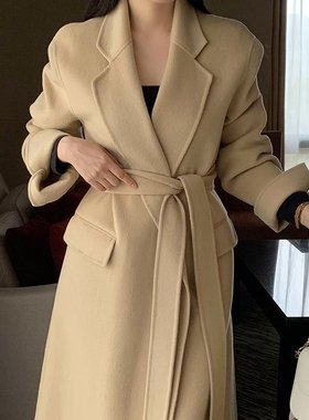 韩国chic 冬季气质高级感大翻领系带收腰大衣呢子长款外套女