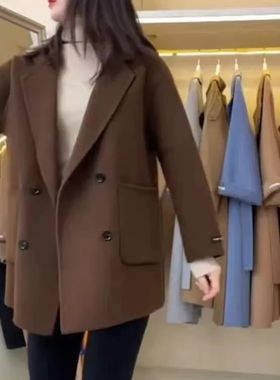 咖啡色西装领双面羊毛大衣女短款2025年新款秋冬韩版宽松毛呢外套