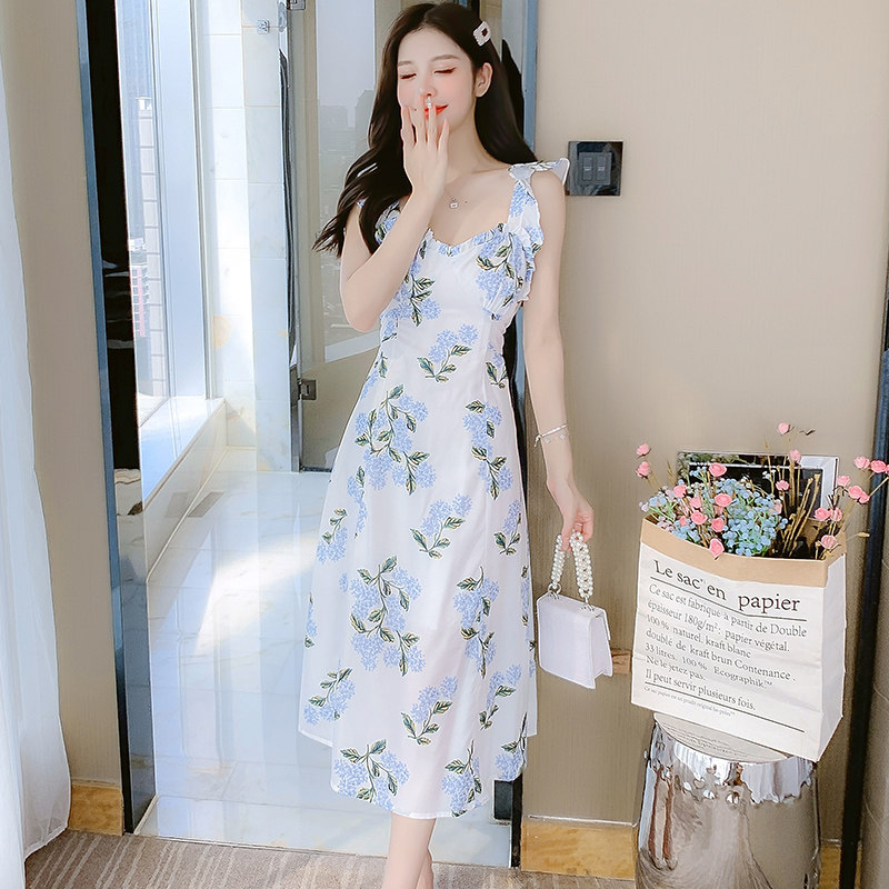 实拍2025夏季无袖淑女超修身甜美瑞丽小清新植物花卉连衣裙