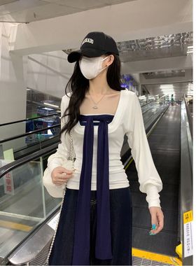 白色T恤女秋季修身防晒罩衫上衣叠穿条纹抹胸两件套