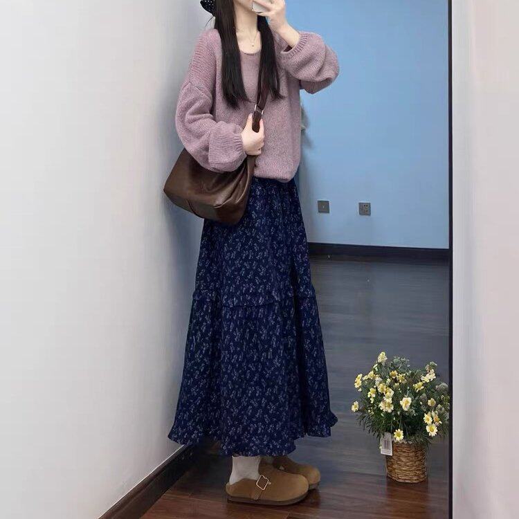韩系温柔氛围感穿搭一整套女秋冬针织开衫毛衣碎花半身裙两件套装
