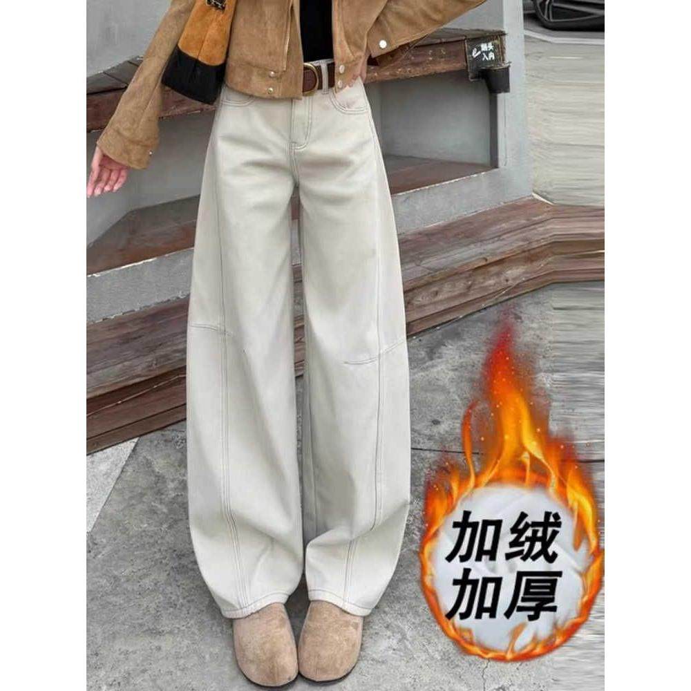 明月灰复古弯刀加绒牛仔阔腿裤女2025冬新款高腰宽松显瘦拖地长裤,女装/女士精品,牛仔裤,淘宝优惠券,粉丝福利购,淘宝优惠卷