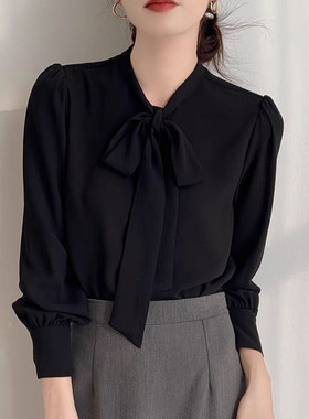 超正原版 蓝色蝴蝶结衬衫女设计感小众职业气质衬衣缎面上衣系带