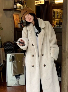 冬季环保皮草仿水貂绒长款宽松加厚加棉保暖西服领毛毛外套大衣女