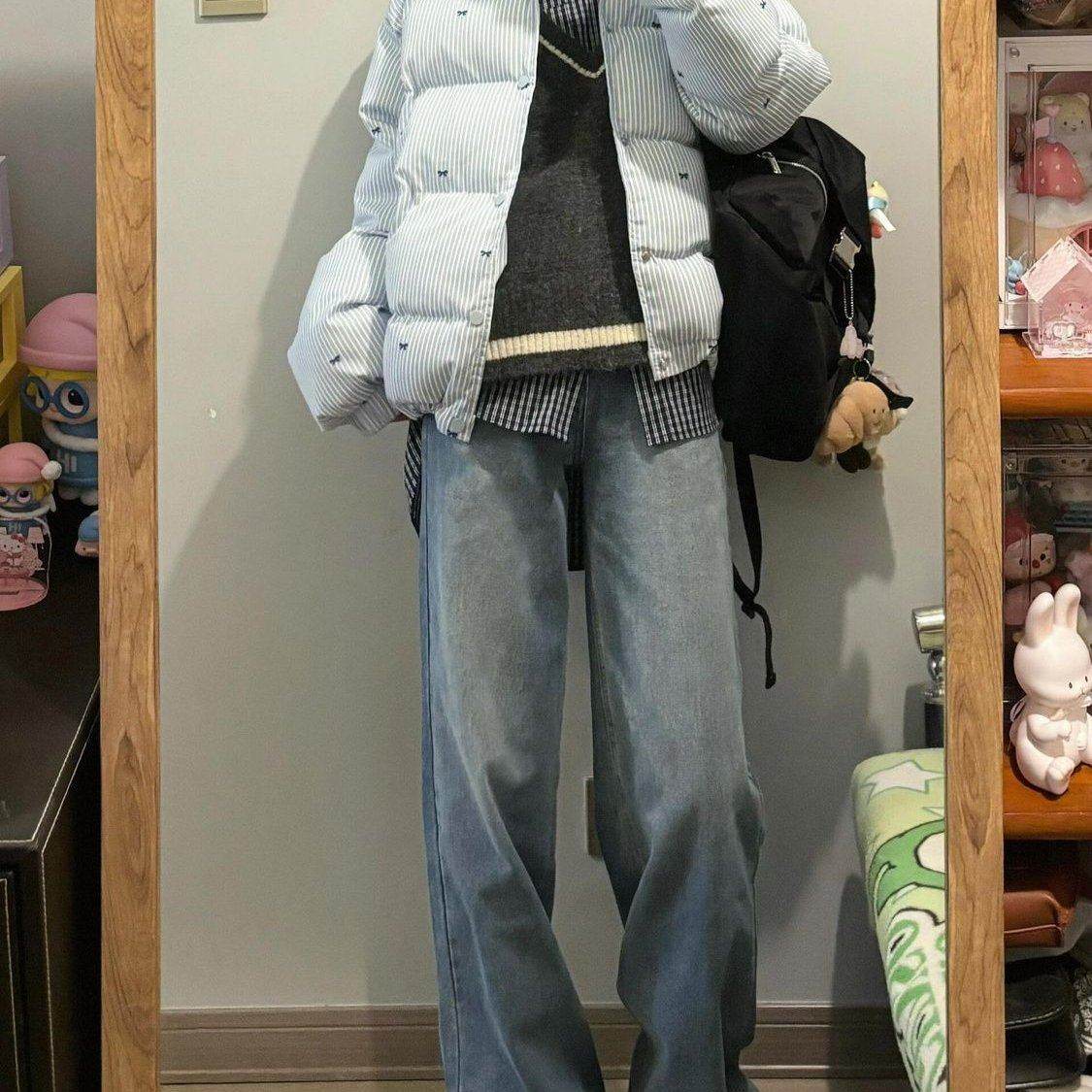 韩系复古温柔风蓝色棉服