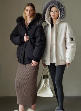 白色工装冲锋衣羽绒棉服女2025冬季新款韩系好看大毛领连帽派克服