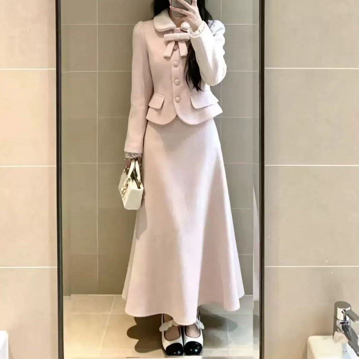 韩系甜美千金风蝴蝶结上衣套装女冬季洋气减龄翻领外套气质半身裙,女装/女士精品,时尚套装,淘宝优惠券,粉丝福利购,淘宝优惠卷