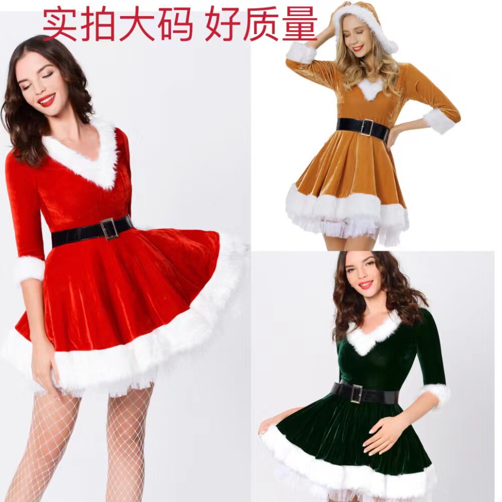 绿色圣诞制服圣诞节演出服加大码圣诞装圣诞节红裙毛毛性感连衣裙