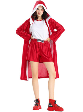 万圣节服装 拳击手cosplay游戏服战袍红色连帽外套披风运动短裤