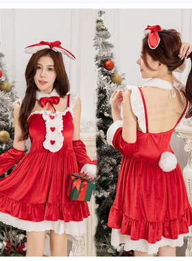 2022圣诞装女吊带连衣裙兔女郎演出服裝圣诞毛绒连衣裙红色大码
