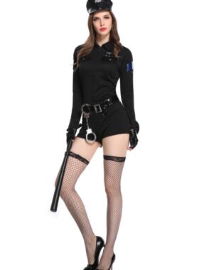 万圣节实拍女警cos服大码  黑色性感警察装 女警紧身连体衣含手铐
