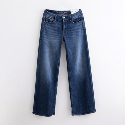 AEO 美国鹰秋季新款蓝色中低腰弹力牛仔裤女宽松显瘦阔腿直筒裤潮