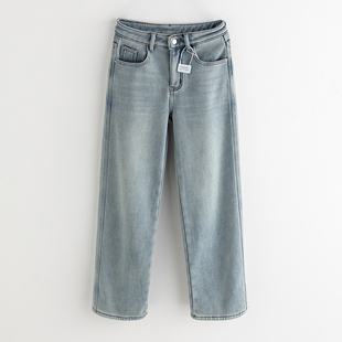 女宽松显瘦加厚绒直筒阔腿长裤 高腰弹力牛仔裤 潮 新款 2025冬季