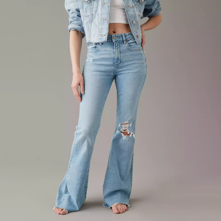 显瘦磨破洞毛边喇叭裤 AEO美国鹰 女修身 蓝色高腰弹力牛仔裤 夏款