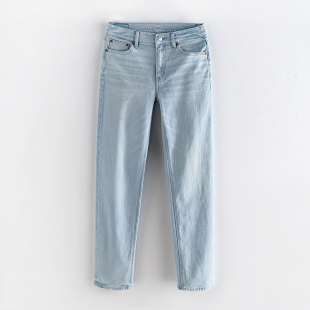 女宽松显瘦提臀直筒裤 浅蓝超高腰微弹牛仔裤 潮 秋款 AEO美国鹰