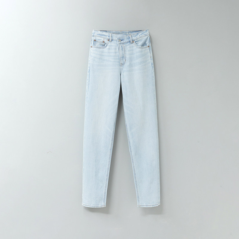 AEO美国鹰 浅蓝高腰纯棉无弹阔腿牛仔裤女斜扣宽松显瘦直筒长裤,女装/女士精品,牛仔裤,淘宝优惠券,粉丝福利购,淘宝优惠卷