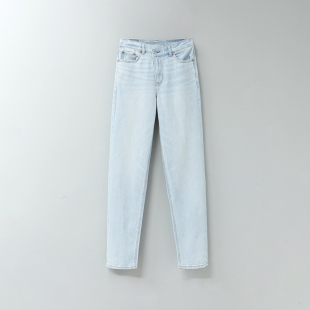 女斜扣宽松显瘦直筒长裤 AEO美国鹰 浅蓝高腰纯棉无弹阔腿牛仔裤