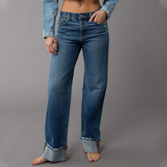 AEO 美国鹰秋款蓝色高腰无弹牛仔裤女宽松显瘦阔腿折边直筒裤潮