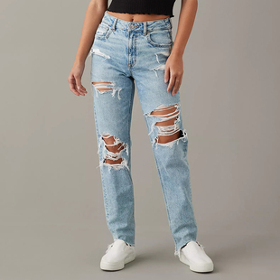 AEO美国鹰 秋款浅蓝高腰无弹牛仔裤女宽松显瘦磨破洞直筒毛边裤潮