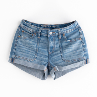 AEO美国鹰 夏季新款蓝色中低腰牛仔短裤女半松紧经典翻折边短裤潮