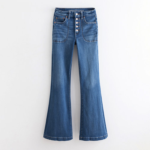 美国鹰AEO 秋季新款超高腰弹力排扣牛仔裤女修身显瘦提臀喇叭裤