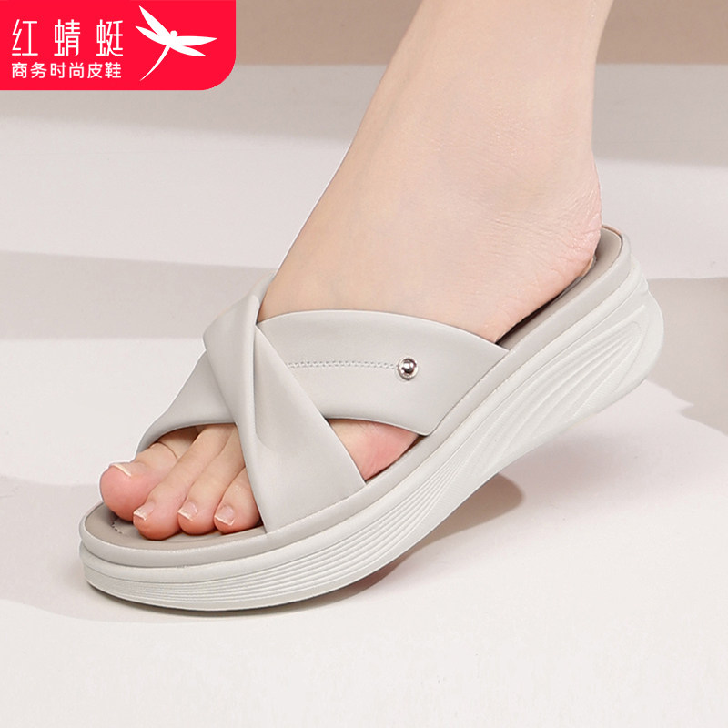 红蜻蜓拖鞋女鞋夏季真皮羊皮厚底增高透气家用凉拖鞋妈妈拖鞋外穿