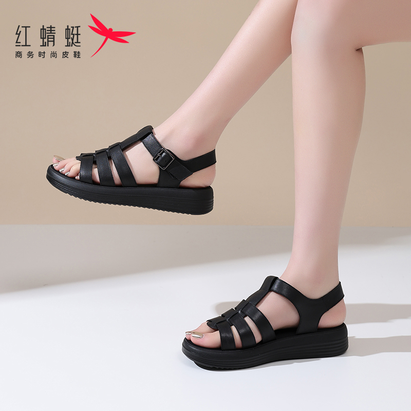 红蜻蜓厚底凉鞋女2025新款头层牛皮夏季妈妈凉鞋罗马风舒适真皮鞋