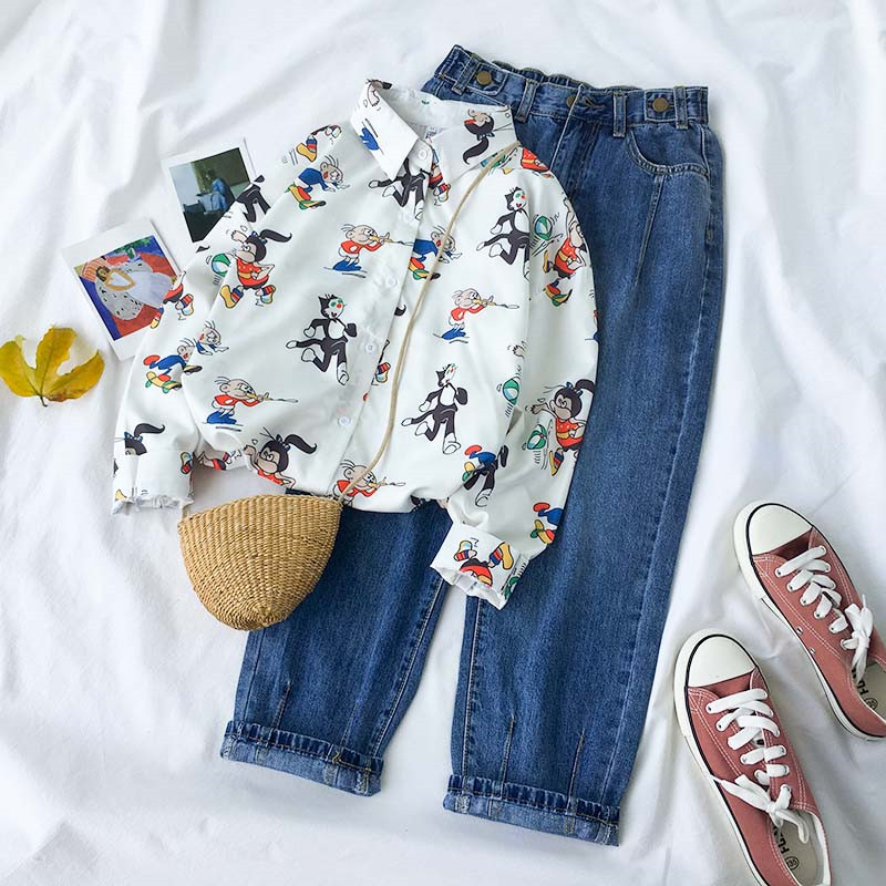 Early Autumn Hong Kong flavor leisure time suit Easy Cartoon printing Long sleeve shirt cowboy Nine points Haren pants Western style Two piece setin the Women's clothing/Boutique , Set/Student uniforms/Work uniforms , Leisure sports suit  category - from Buy2taobao.com to provide professional Taobao agent buy service