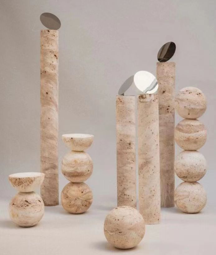 侘寂北欧轻奢风黄洞大理石圆柱体球形雕塑台卧室书房桌面落地摆件