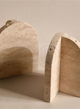 北欧极简侘寂风黄洞石大理石样板房书柜酒柜书立装饰品工艺品摆件