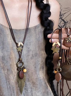 新中式禅意古铜羽毛项链女双层叠戴复古民族风毛衣链波西米亚