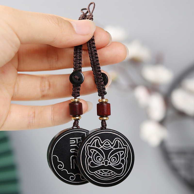 纯银檀木醒狮平安福汽车钥匙扣挂件个性创意高档钥匙圈白银车挂银