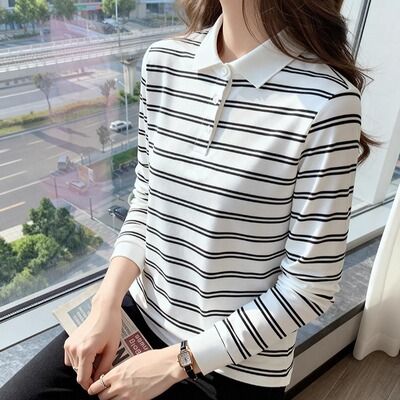 春秋条纹长袖polo衫女翻领t恤