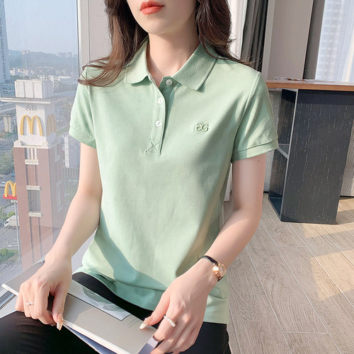 翻领珠地纯棉t恤女夏短袖衫