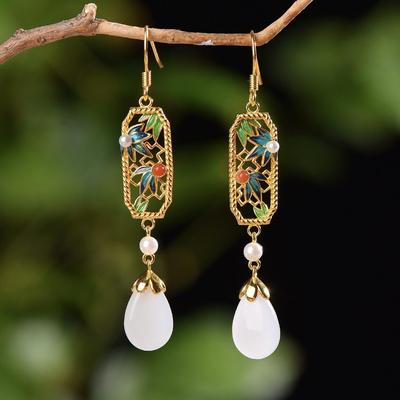 S925银镶嵌天然和田玉水滴耳坠古典风格竹叶青优雅耳环新中式耳饰