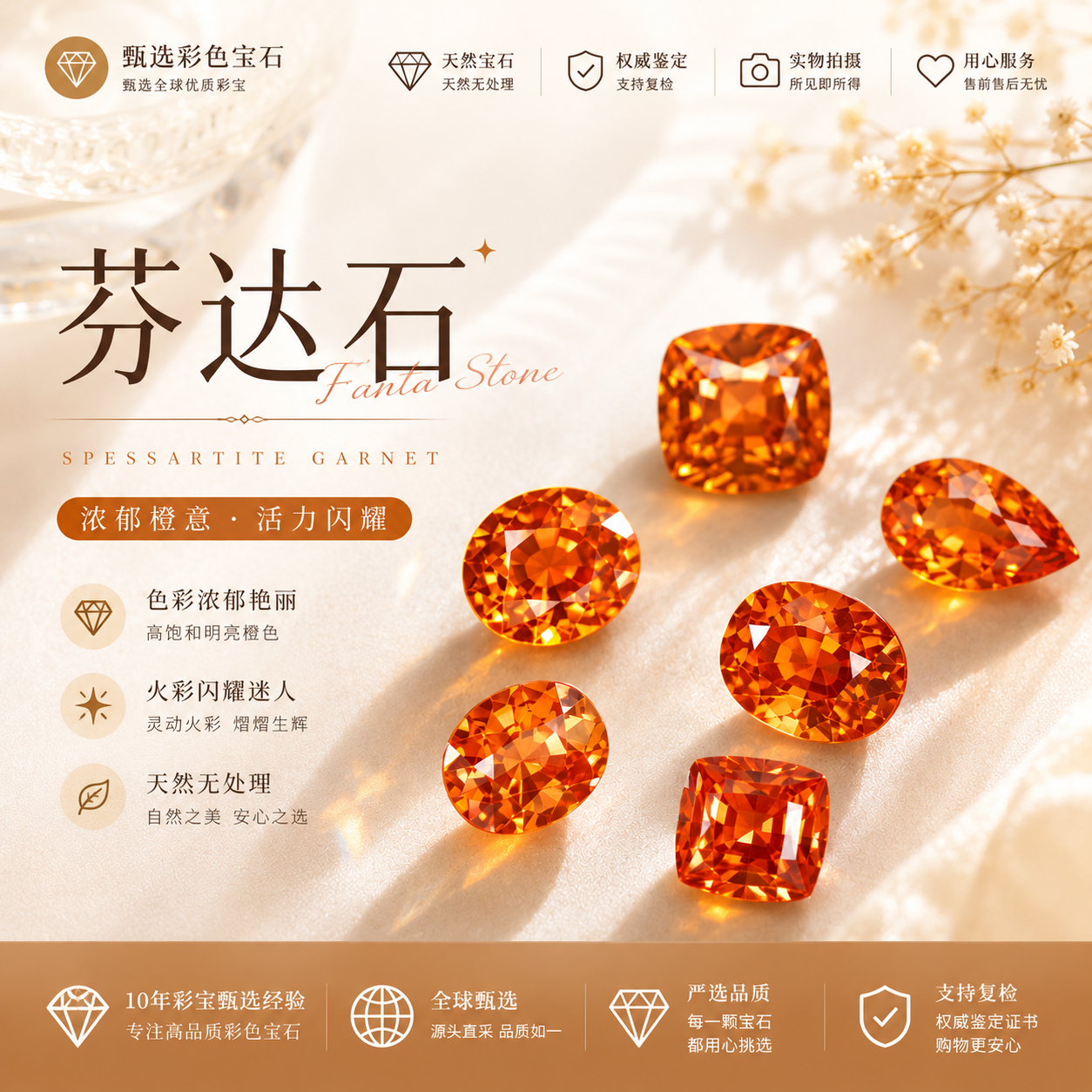 芬达石裸石 天然橘色锰铝榴石 收藏级 1克拉 镶嵌吊坠戒面
