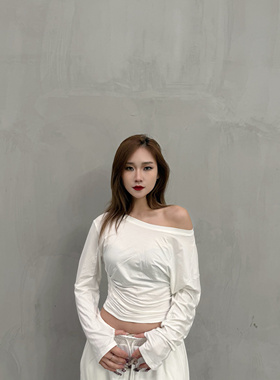 KIMMING金大铭同款斜肩长袖T恤女薄款辣妹宽松堆叠感慵懒风休闲