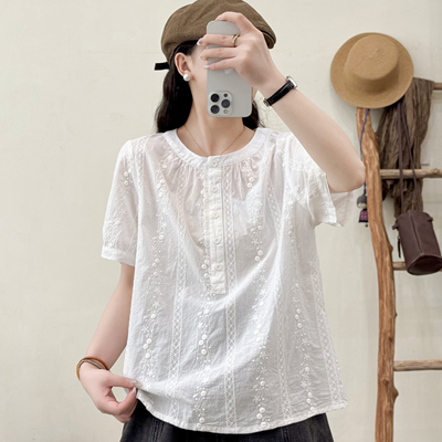 夏季新款圆领设计感刺绣花蕾丝衬衫女时尚宽松立领短袖防晒衣上衣