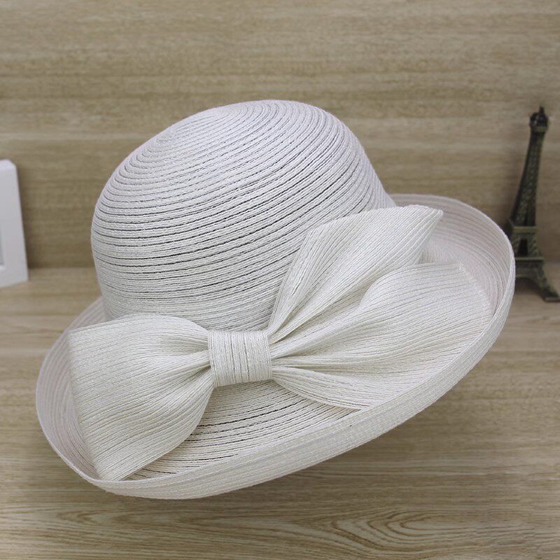 HAKUZU夏季时尚卷边草帽优雅蝴蝶结女帽度假沙滩遮阳帽防晒沙滩帽