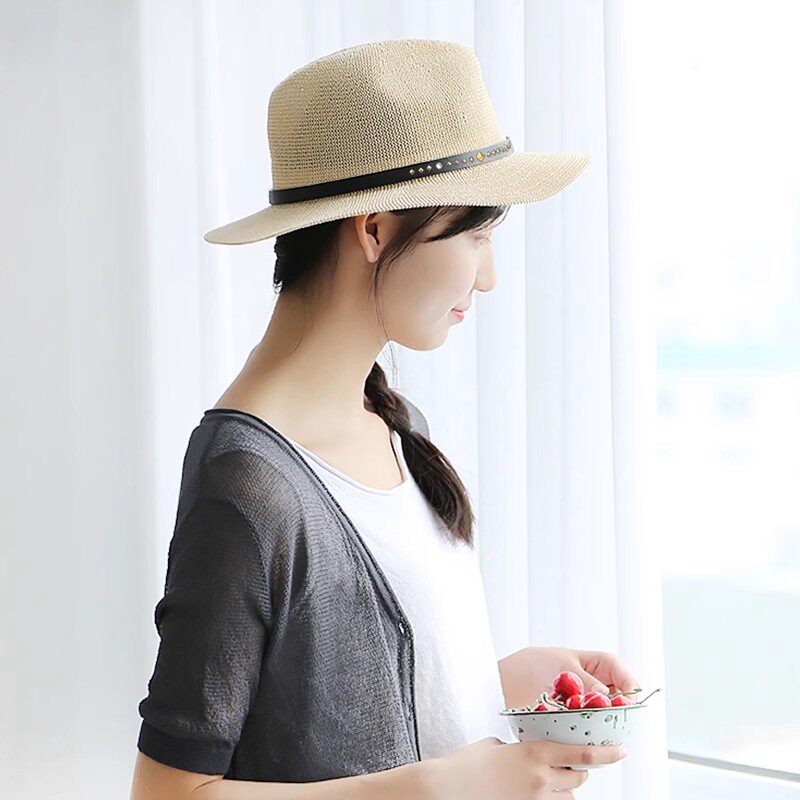 HAKUZU棉麻编制草帽巴拿马度假防晒爵士大檐礼帽夏天遮阳帽凉帽女