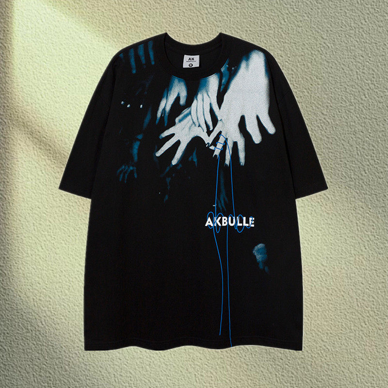 原创潮牌暗黑系鬼手印花圆领短袖t恤男女痞帅炸街五分袖宽松夏季
