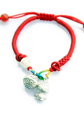 舞泽天925银福星宝宝猪惊骨铃铛精编红绳手链 宝宝大人七色绳红绳