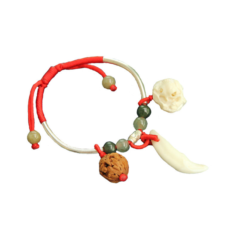 天然黑狗牙猪惊骨桃核纯银转运珠弯管翡翠玉珠宝宝脚链