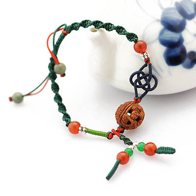 野生桃核精编玛瑙中国结墨绿色转运手链925纯银珠