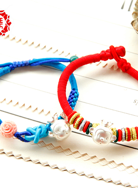 舞泽天 925银3D皇冠猴金银色中国结红蓝手绳手链 本年猴手编红绳