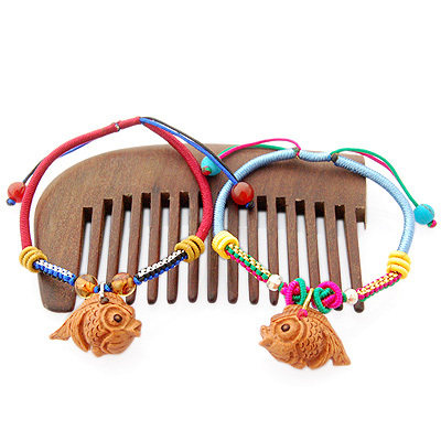 情人节礼物 年年有鱼(余) 野生桃核对吻鱼鲤鱼彩线情侣手链七夕